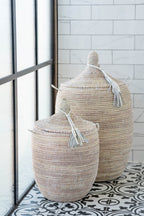 White Handwoven Laundry Basket with Lid (Medium & Small)