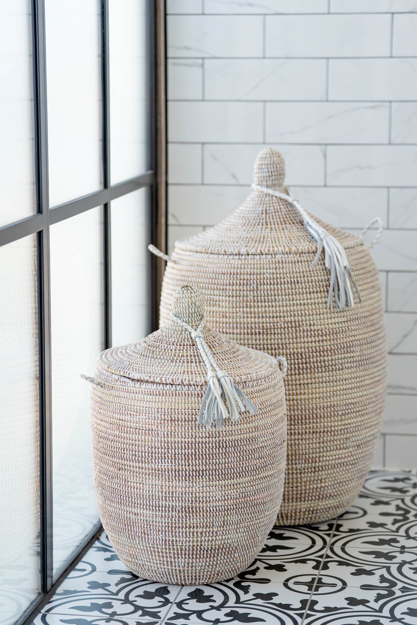 White Handwoven Laundry Basket with Lid (Medium & Small)