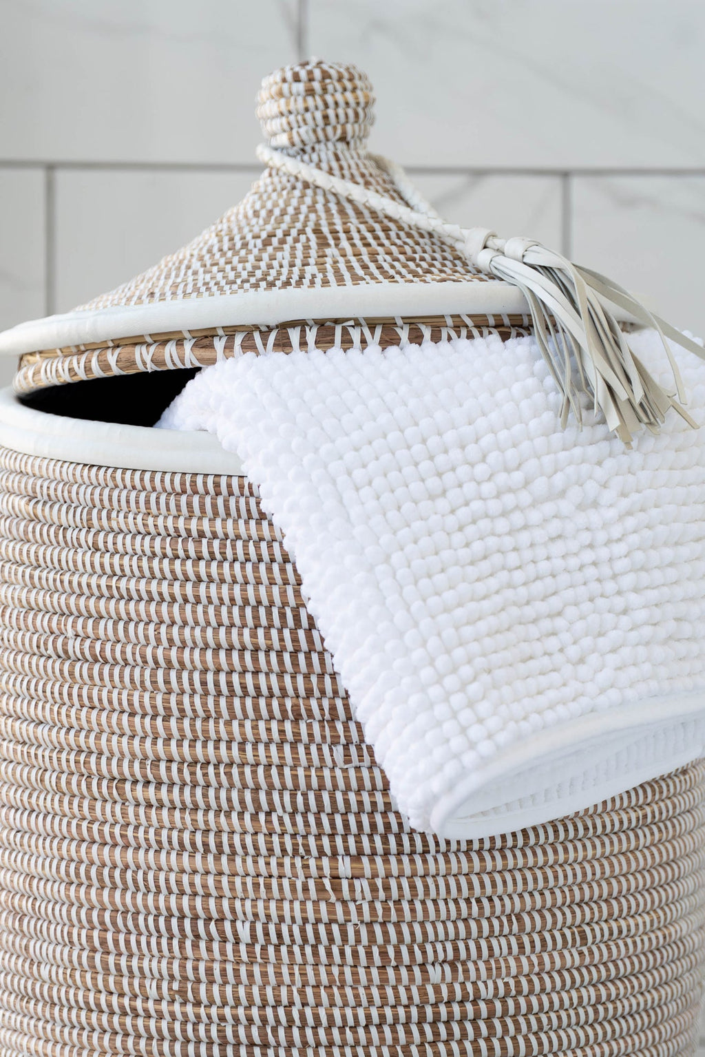 White Handwoven Laundry Basket with Lid – Leather Trim & Tassel