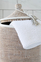 White Handwoven Laundry Basket with Lid – Leather Trim & Tassel
