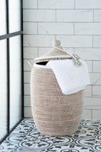 White Handwoven Laundry Basket with Lid – Leather Trim & Tassel