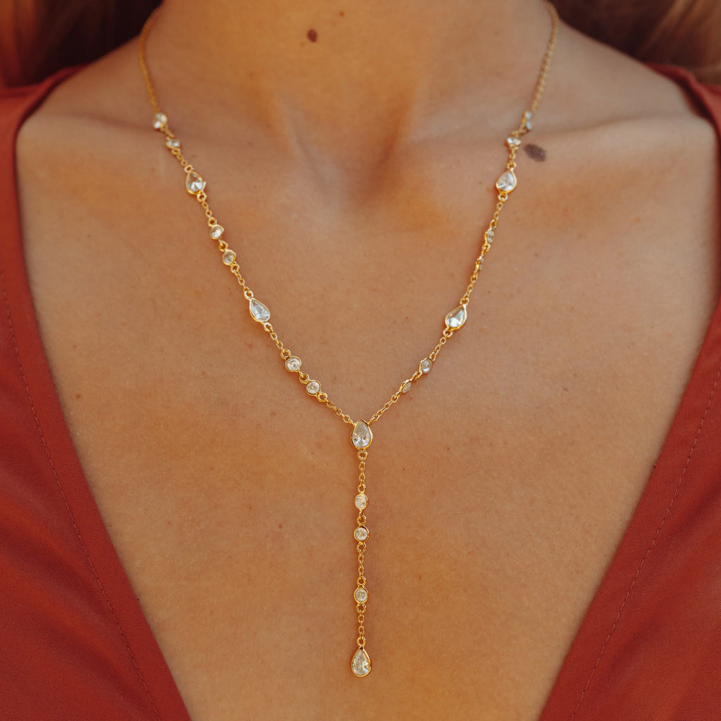 The Y Drop Necklace in Gold and Zirconia