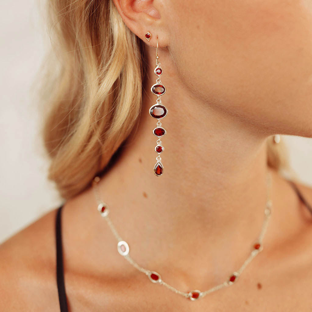Cascade Earrings in Silver with Garnet