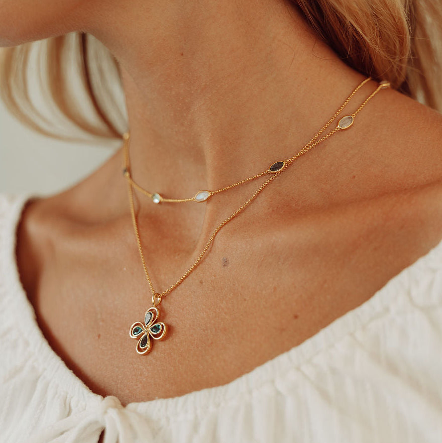 Lola Necklace in Gold with London Blue Topaz, Sky Blue Topaz and  Moonstone