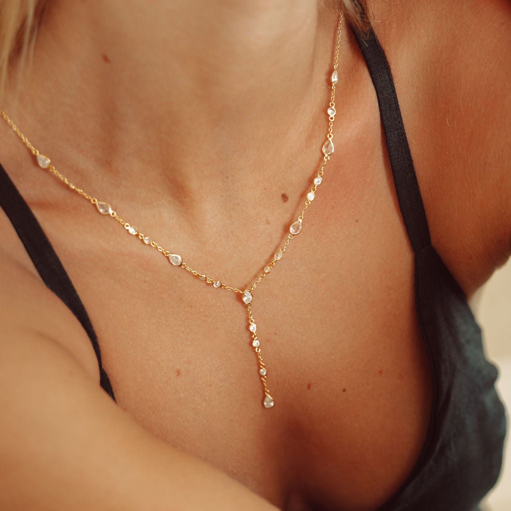 The Y Drop Necklace in Gold and Zirconia