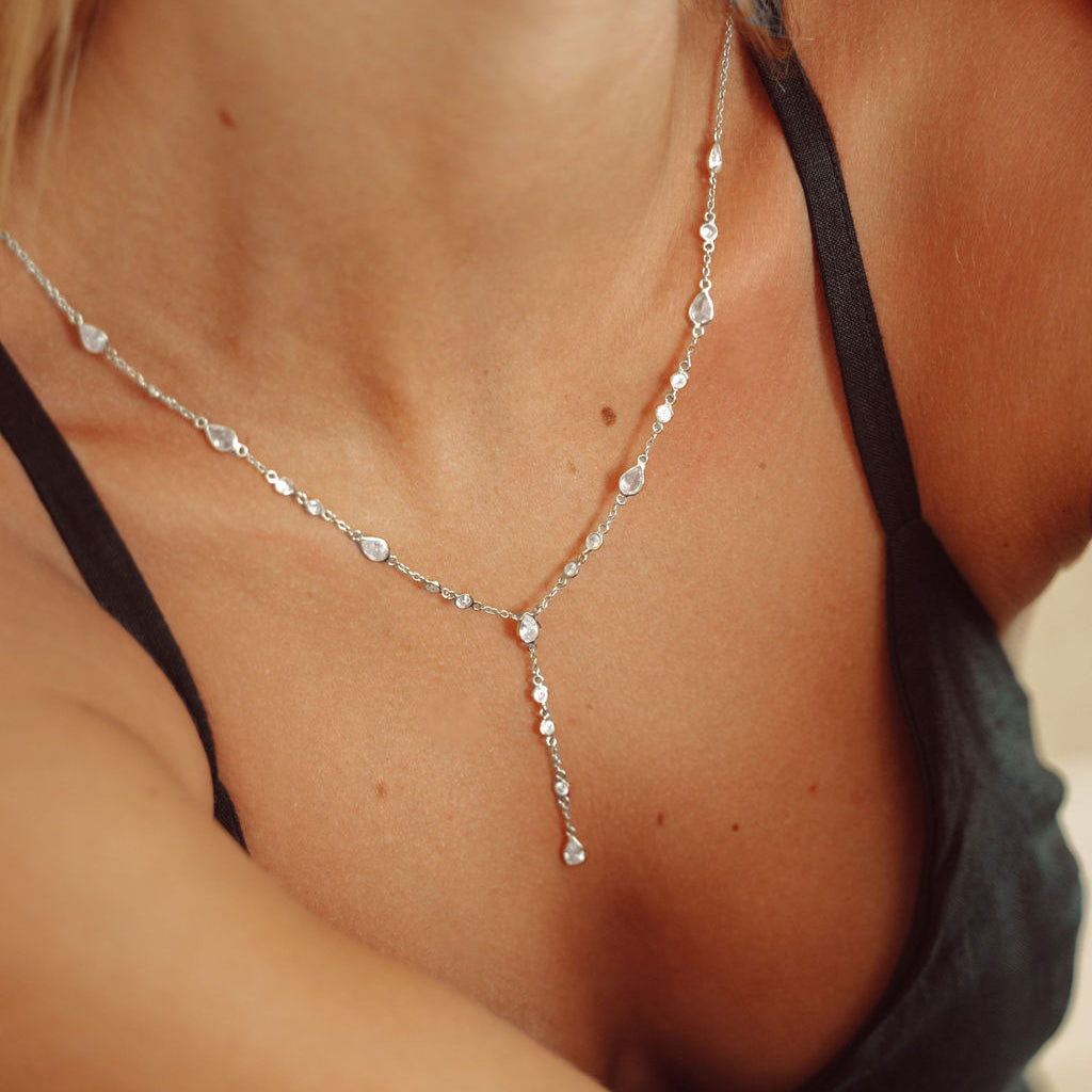 The Y Drop Necklace in Silver and Zirconia