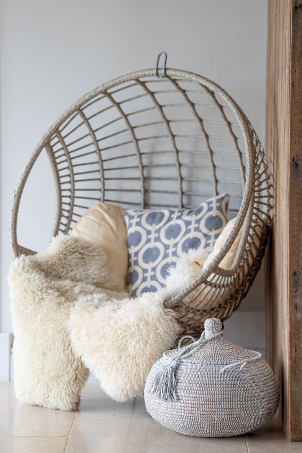 Round White Handwoven Statement Basket with Leather Tassel – NDAR