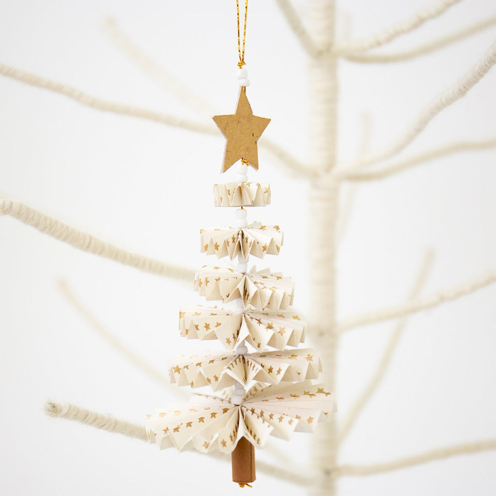 White & Gold Paper Fan Christmas Tree Decoration, Fair Trade