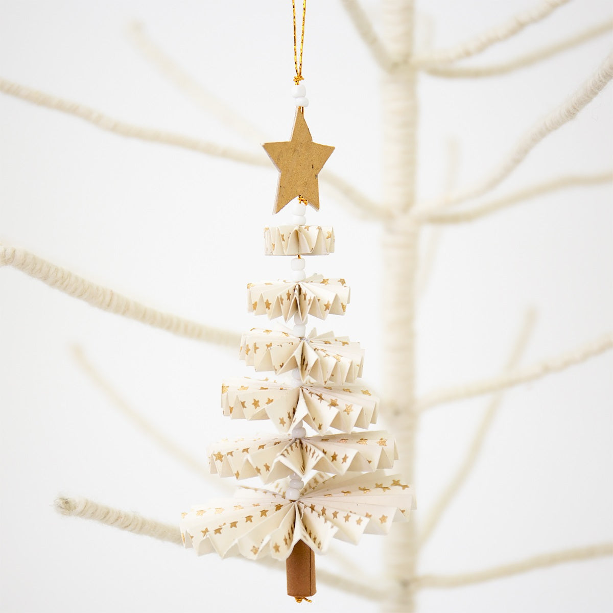 White & Gold Paper Fan Christmas Tree Decoration, Fair Trade