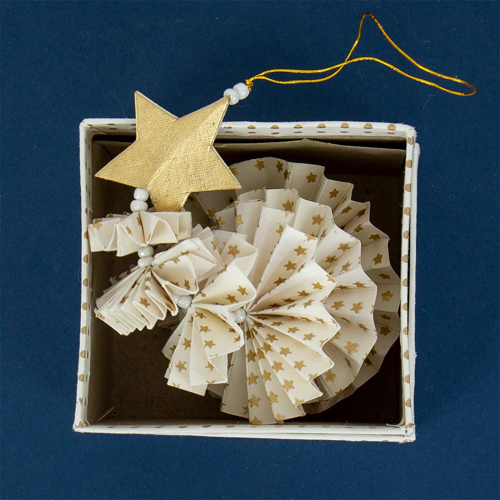 White & Gold Paper Fan Christmas Tree Decoration, Fair Trade
