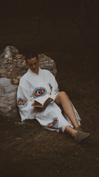 Long Cotton Robe: White with Orange Eye