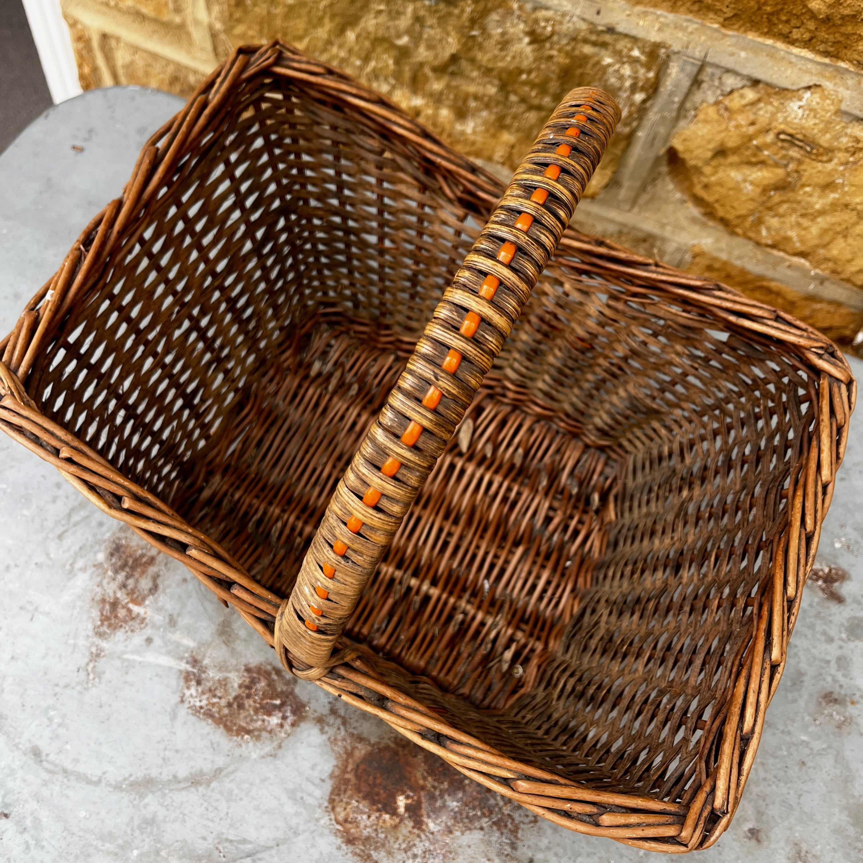 Vintage Wicker Basket with Orange Detailing