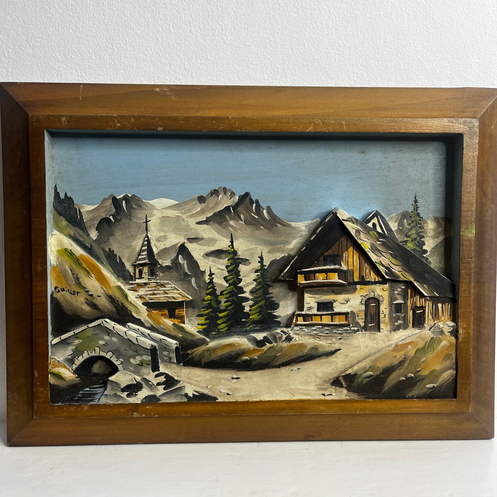 Vintage French Wooden Picture of Chalets