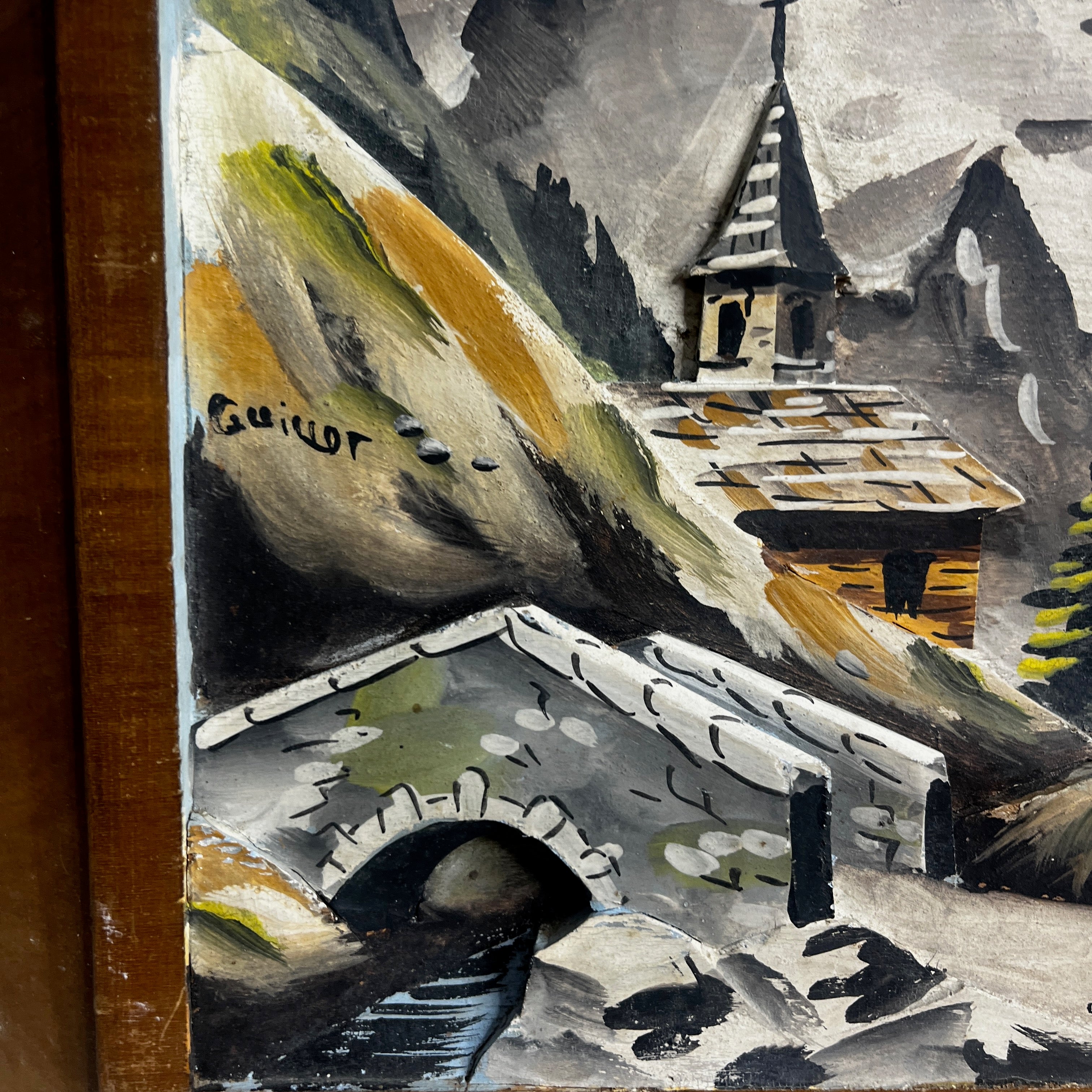 Vintage French Wooden Picture of Chalets