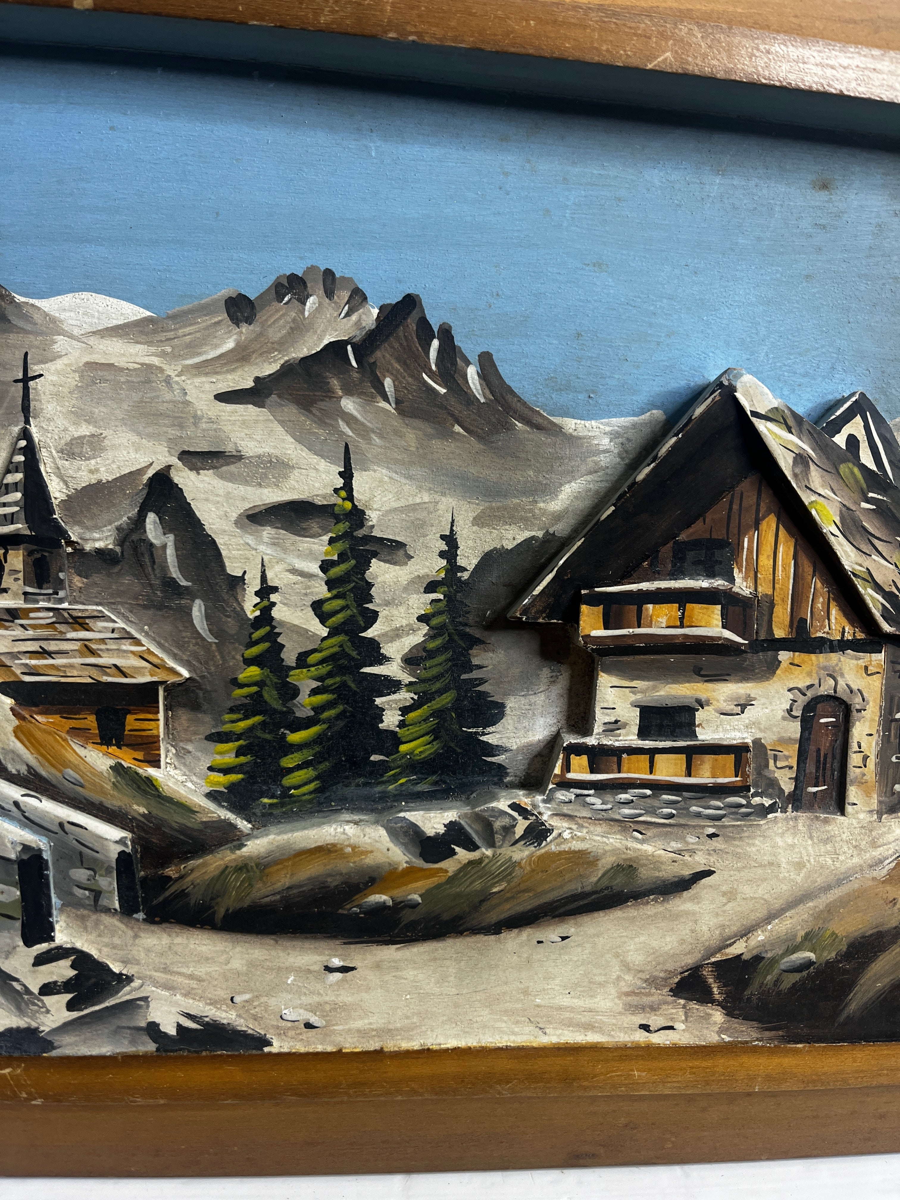 Vintage French Wooden Picture of Chalets