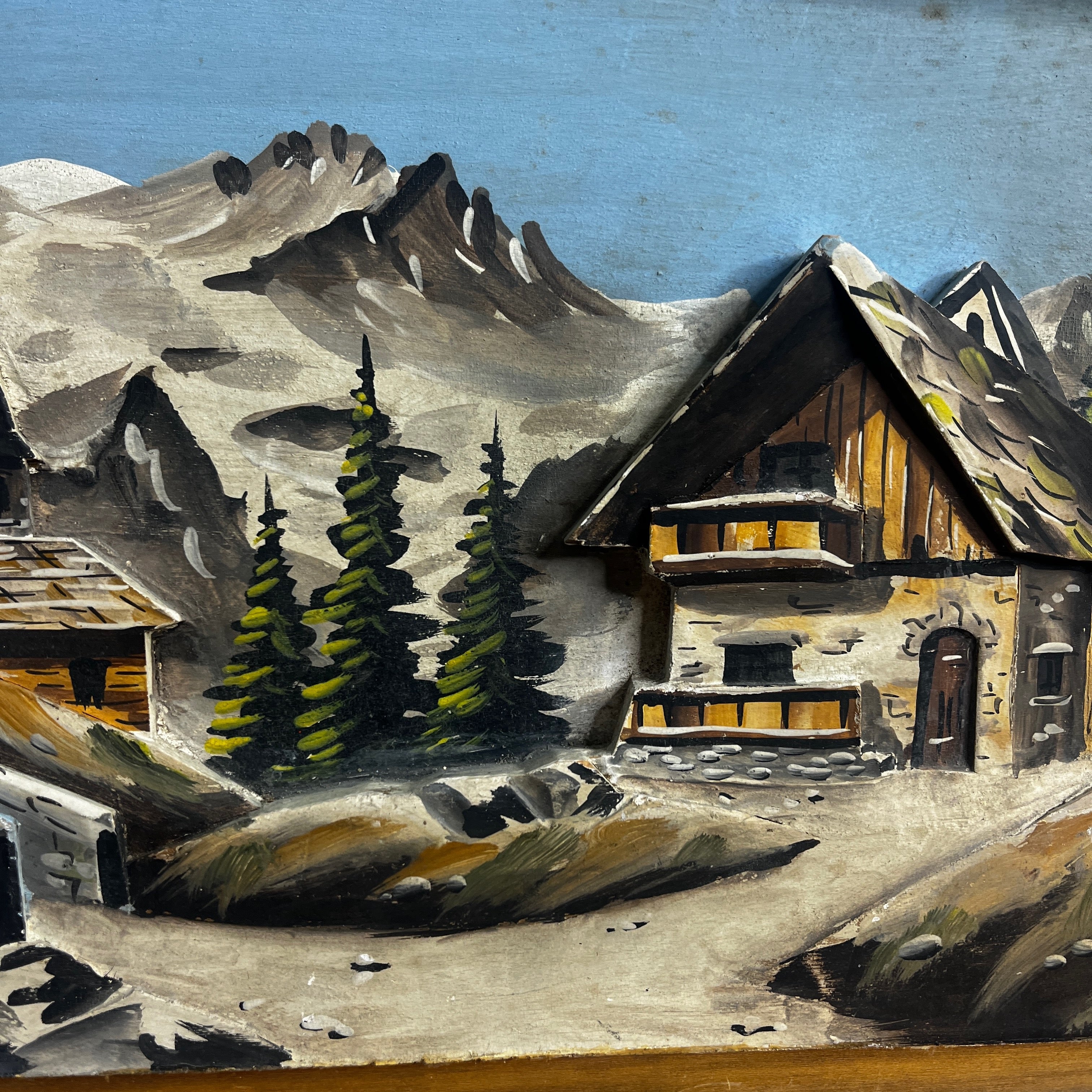 Vintage French Wooden Picture of Chalets