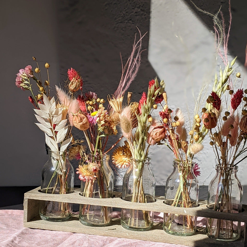Wooden Tray With 5 Glass Bottle Bud Vases