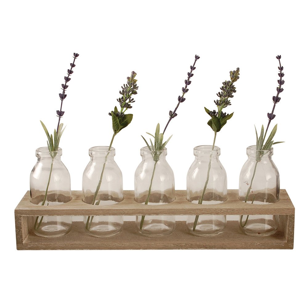 Wooden Tray With 5 Glass Bottle Bud Vases