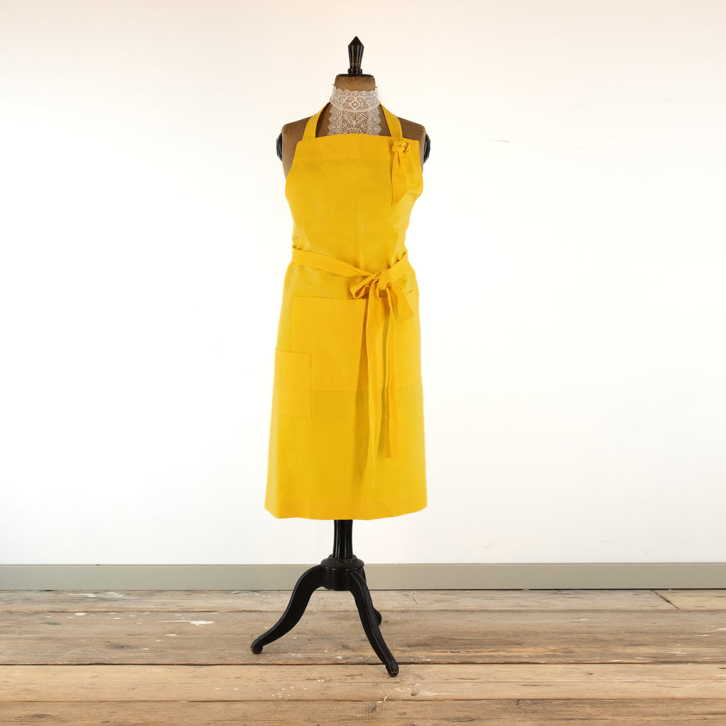 Large Yellow cook's apron, dyed vintage French linen