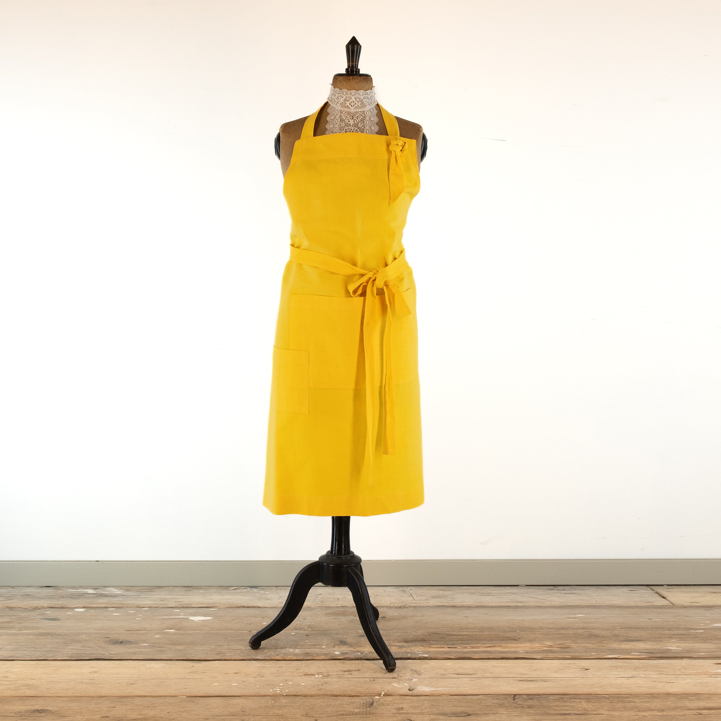 Large Yellow cook's apron, dyed vintage French linen