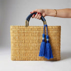 Woven Reed Market Basket - Leather Handles & Tassels: Blue