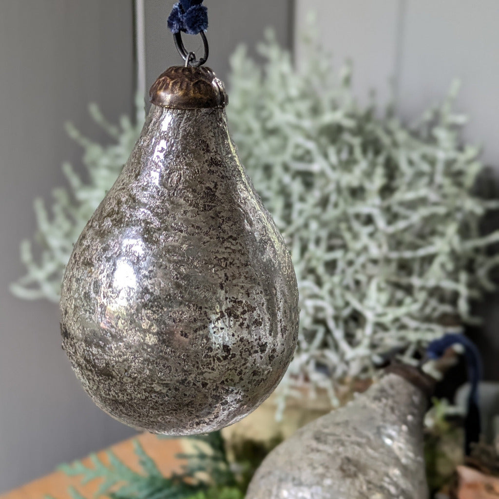 Antique Silver Glass Pear Bauble Decoration