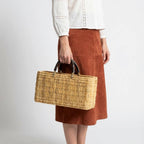 Woven Reed Market Basket - Leather Handle Tote Basket