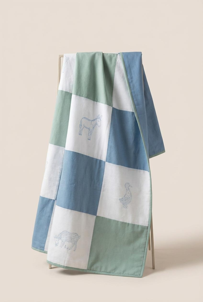 Farmyard Patchwork Baby Quilt - Blue / green