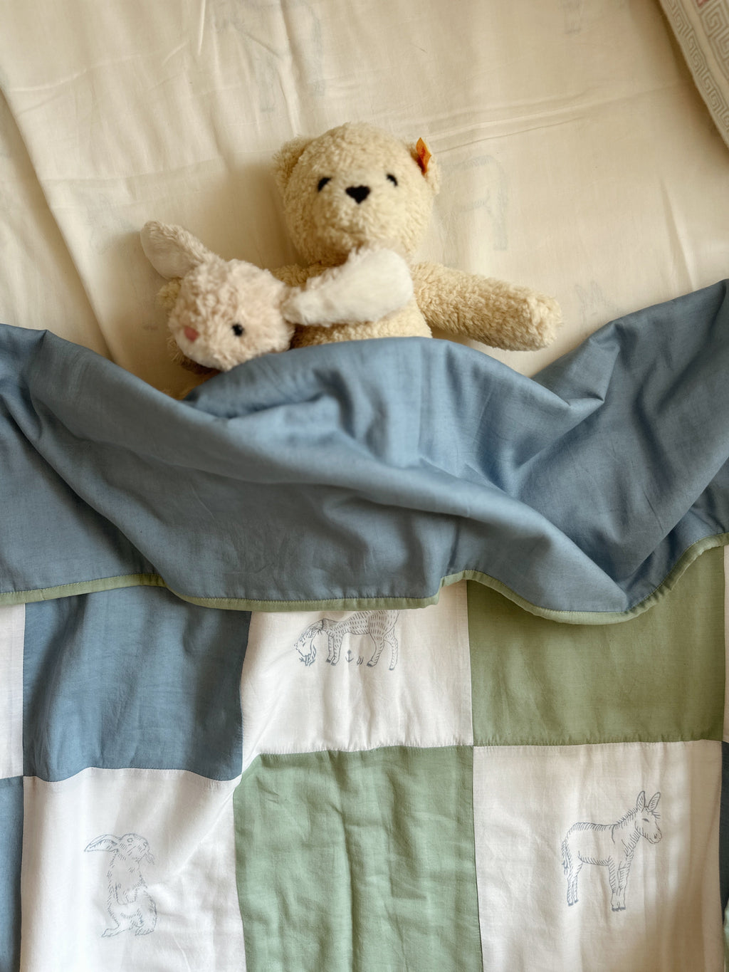 Farmyard Patchwork Baby Quilt - Blue / green