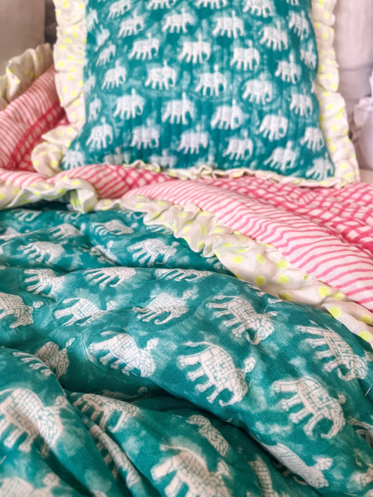 BABY ESTHA REVERSIBLE BLOCK PRINT BABY QUILT | TURQUOISE