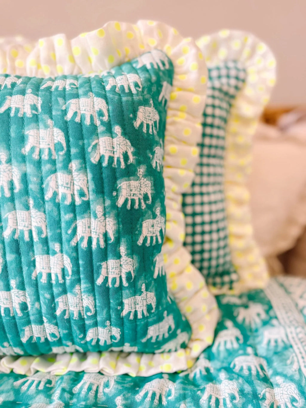BABY ESTHA QUILTED RUFFLE CUSHION | TURQUOISE