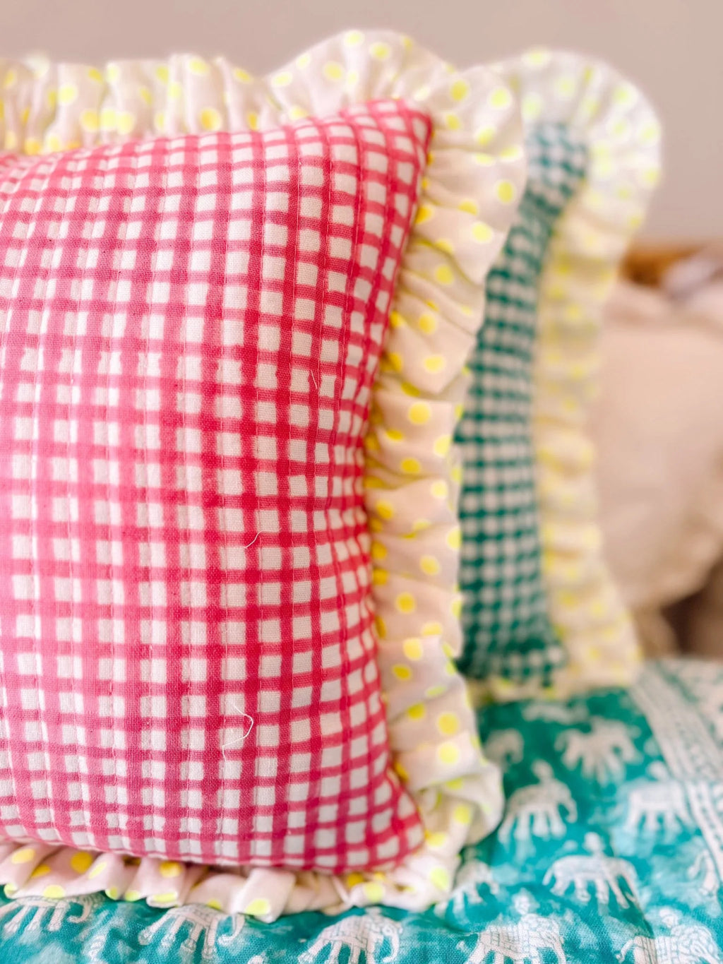 BABY ESTHA QUILTED RUFFLE CUSHION | TURQUOISE