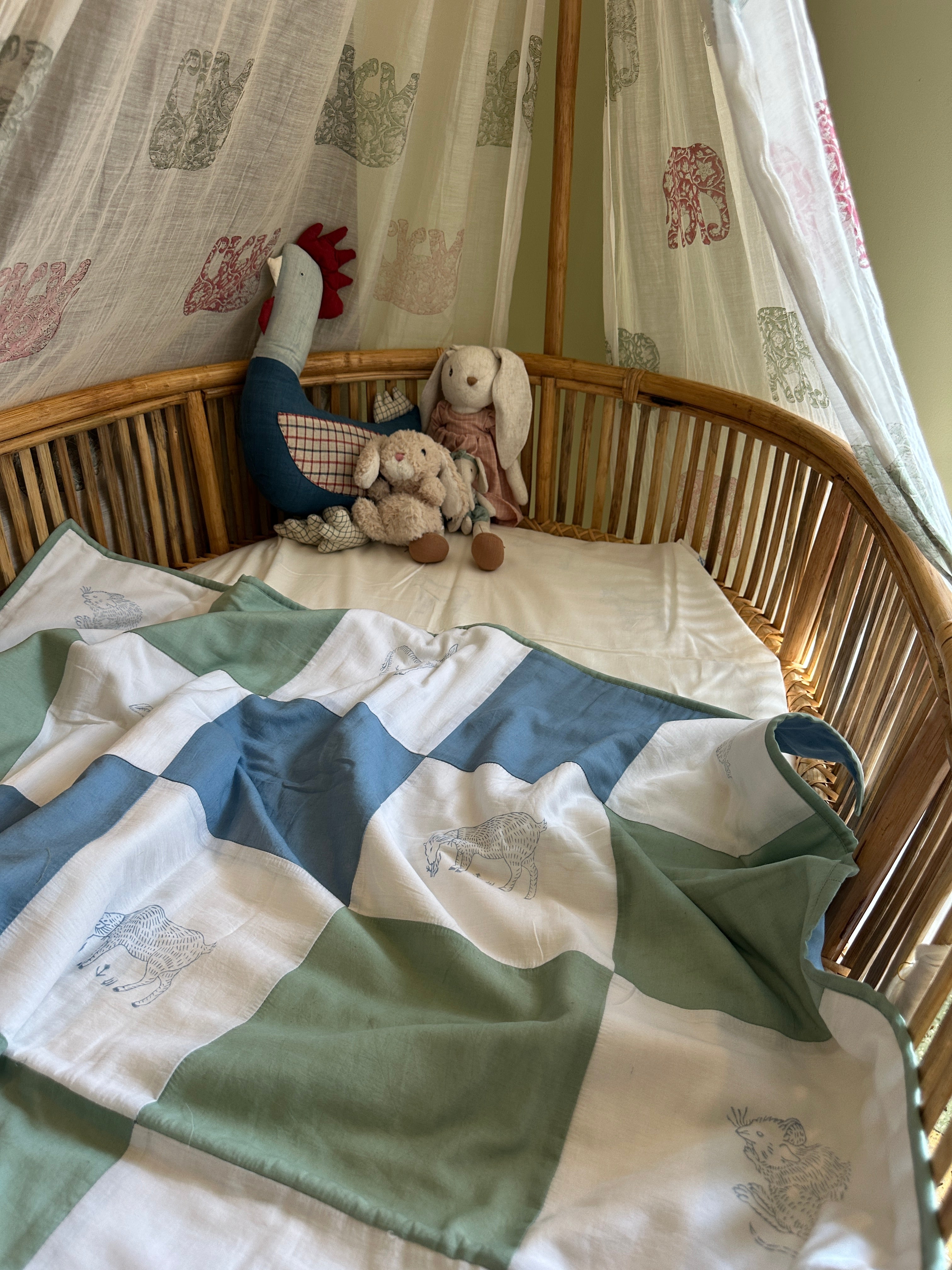 Farmyard Patchwork Baby Quilt - Blue / green