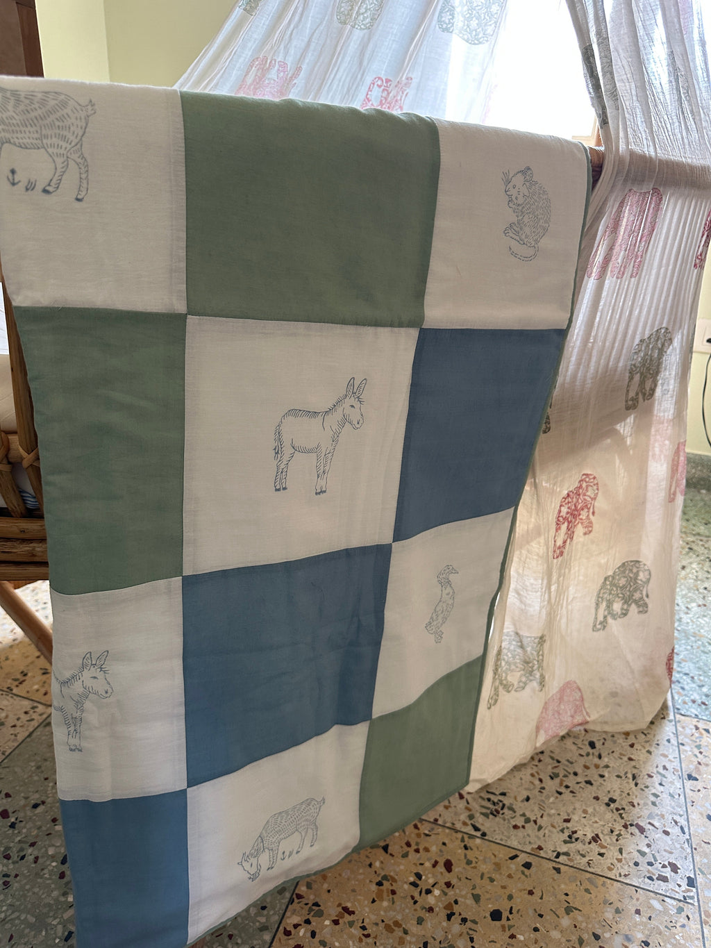 Farmyard Patchwork Baby Quilt - Blue / green