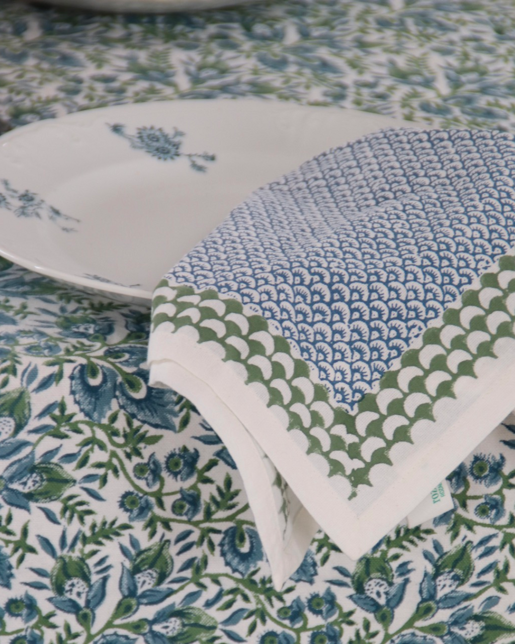 Cranberry Blue And White Hand Blocked Tablecloth