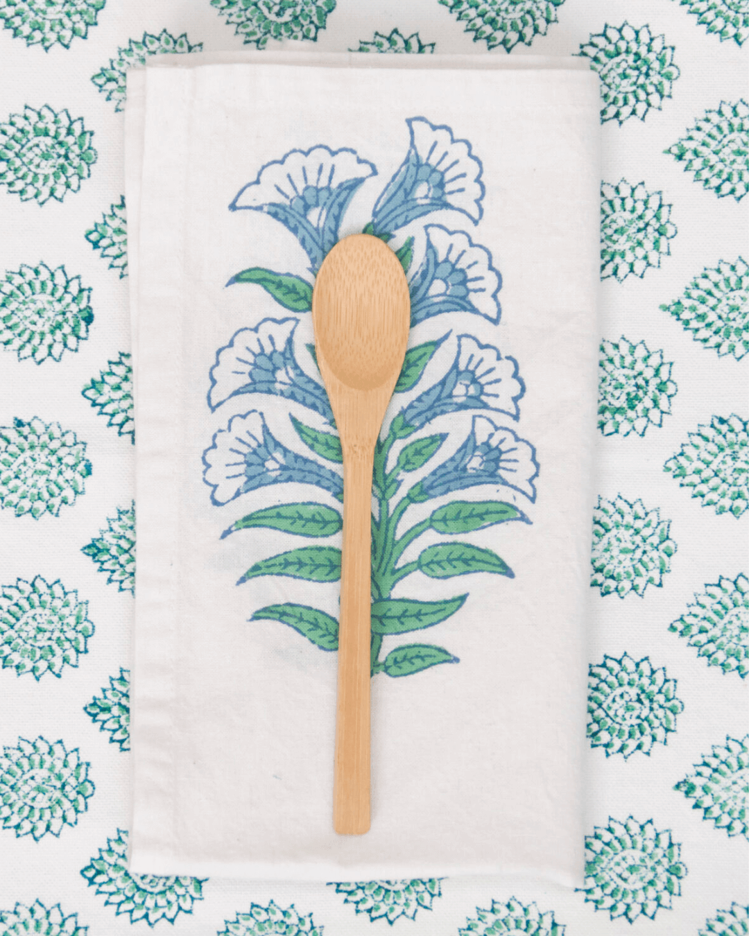 Green Blue Lotus Hand Block Printed Cotton Tablecloth
