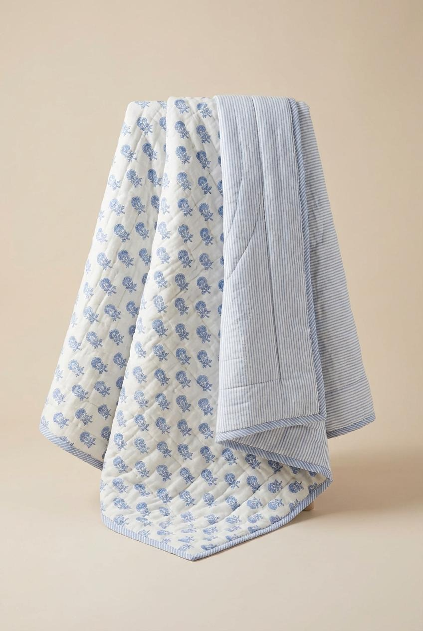 Organic Cotton Toddler Quilt – Blue Butti Block Print | Reversible Cot Quilt