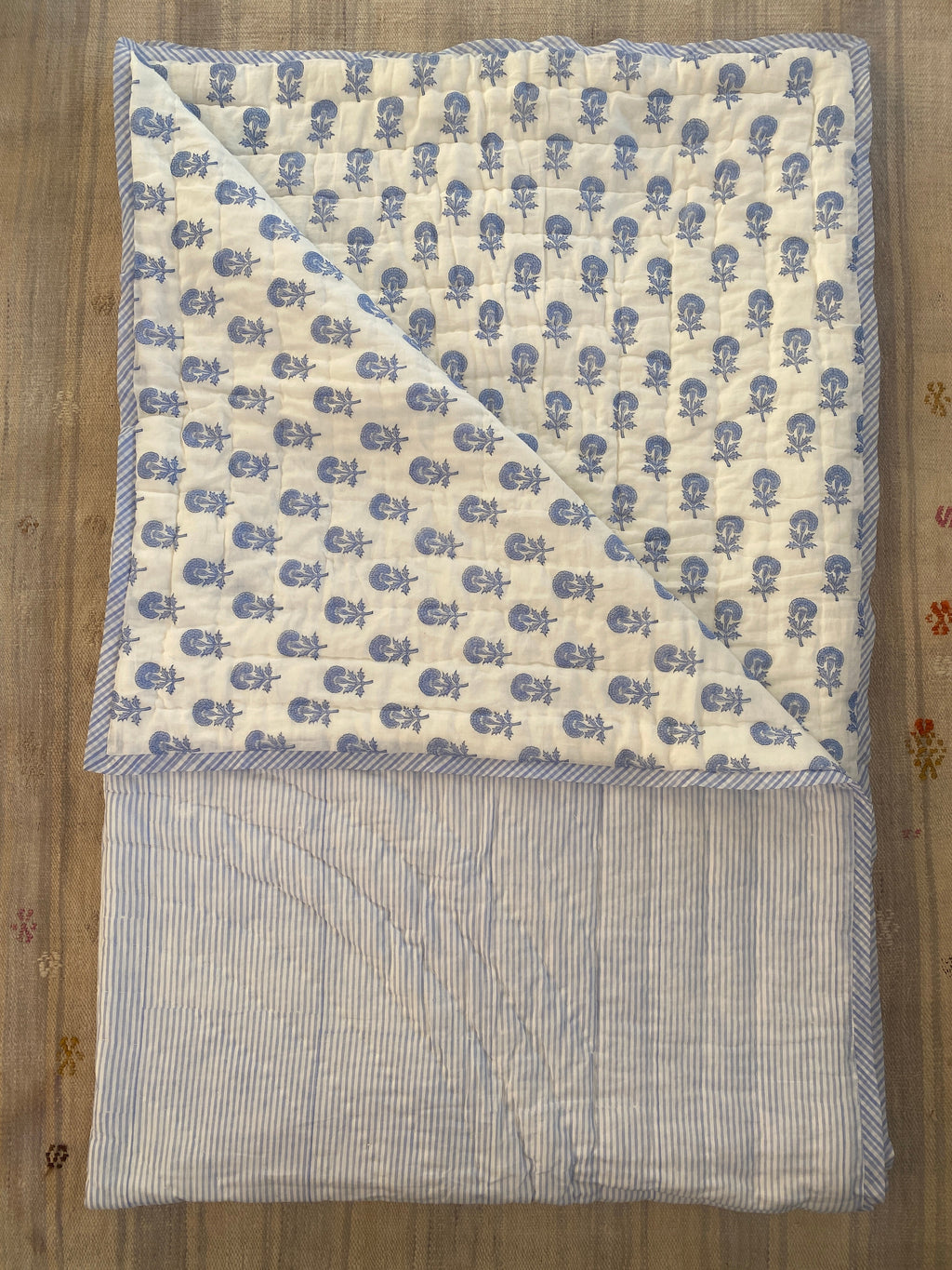 Organic Cotton Toddler Quilt – Blue Butti Block Print | Reversible Cot Quilt