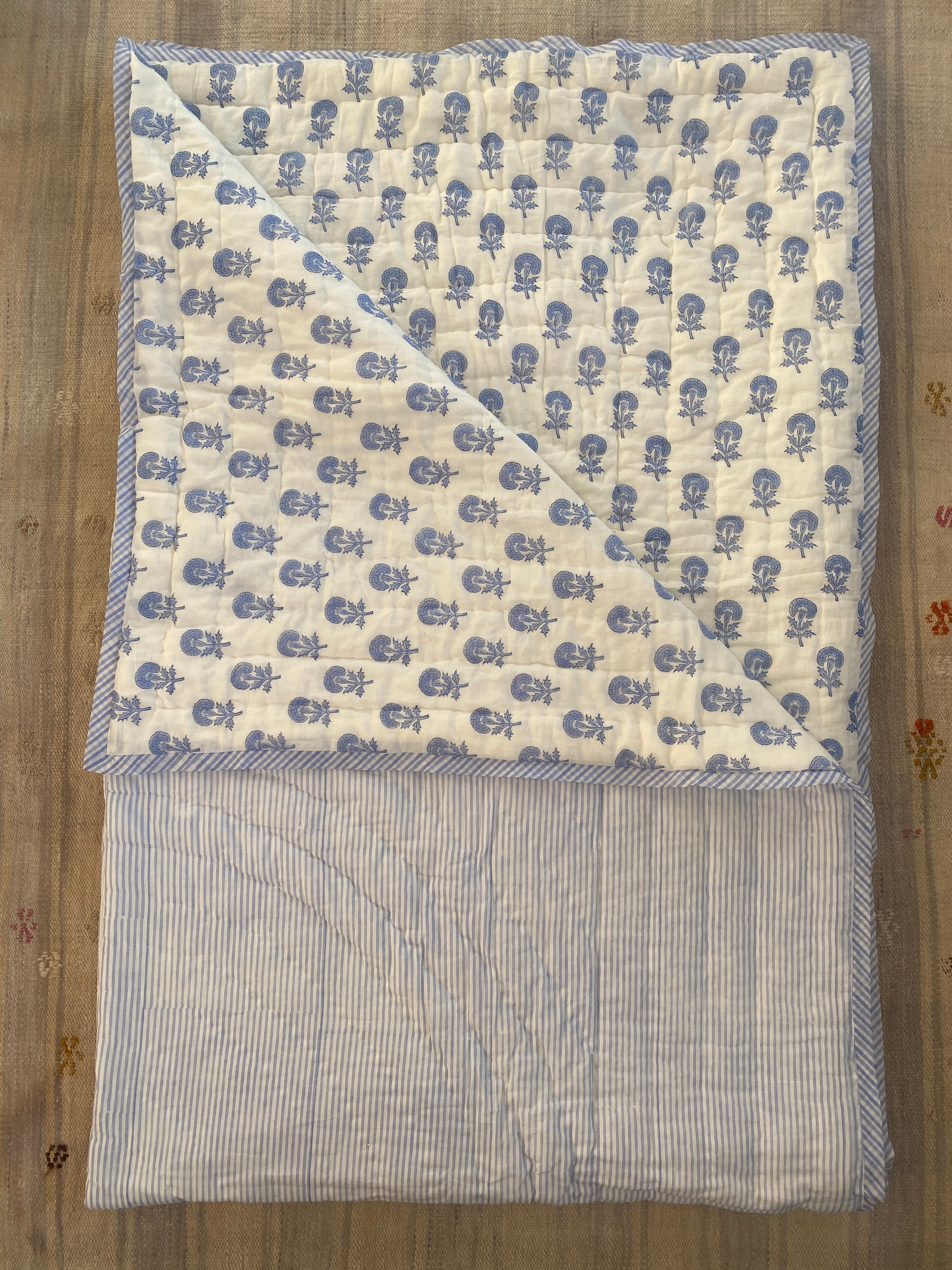 Organic Cotton Toddler Quilt – Blue Butti Block Print | Reversible Cot Quilt