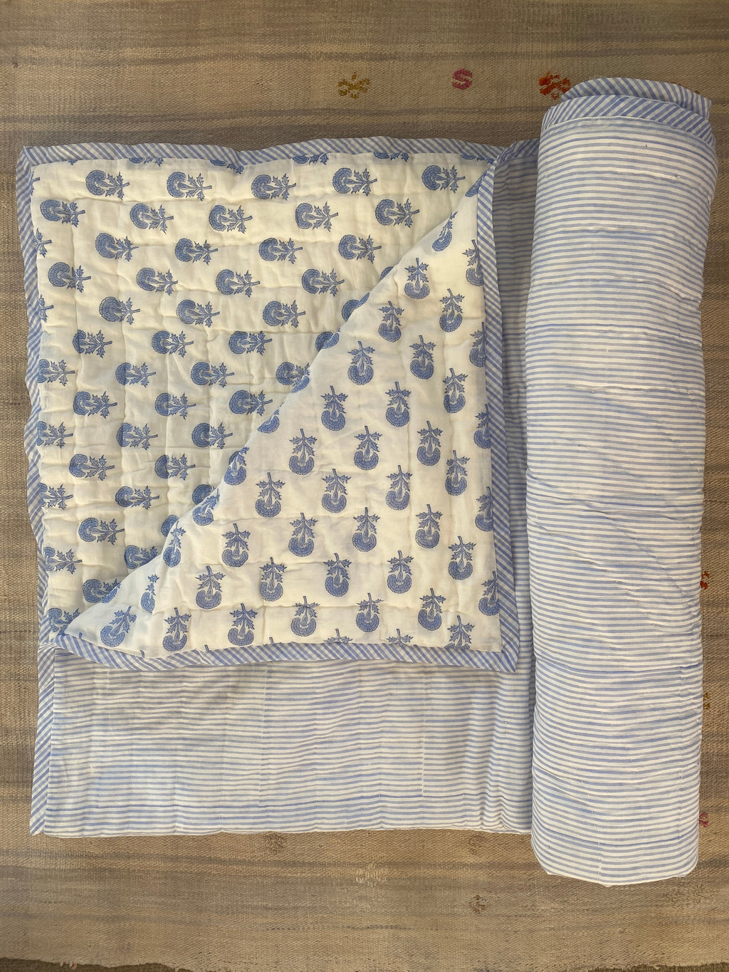 Organic Cotton Toddler Quilt – Blue Butti Block Print | Reversible Cot Quilt