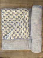 Organic Cotton Toddler Quilt – Blue Butti Block Print | Reversible Cot Quilt