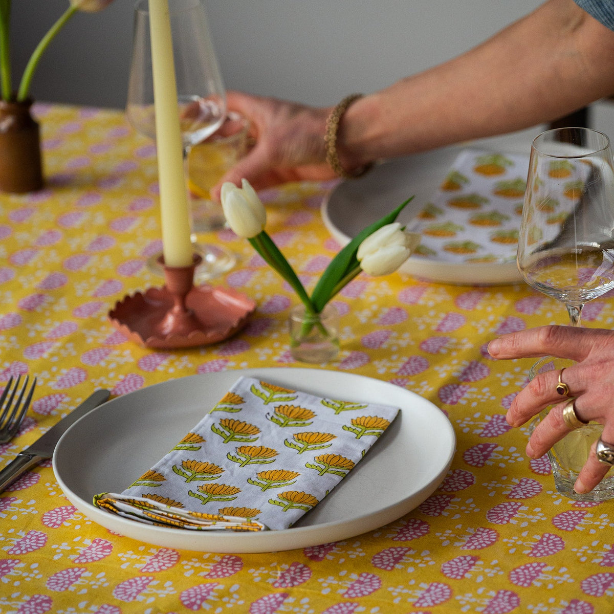 NEW FAN BUTTER YELLOW hand block printed tablecloth