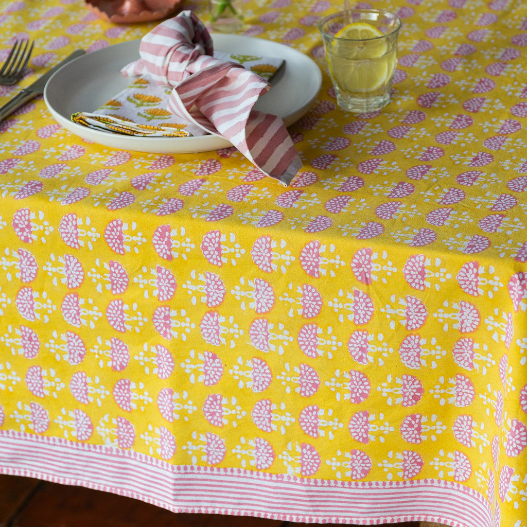 NEW FAN BUTTER YELLOW hand block printed tablecloth