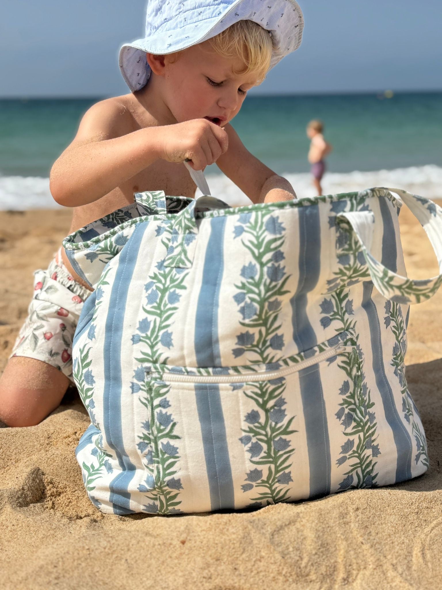 The Amba Bag – Quilted Cotton Canvas Tote (Blue / Green)