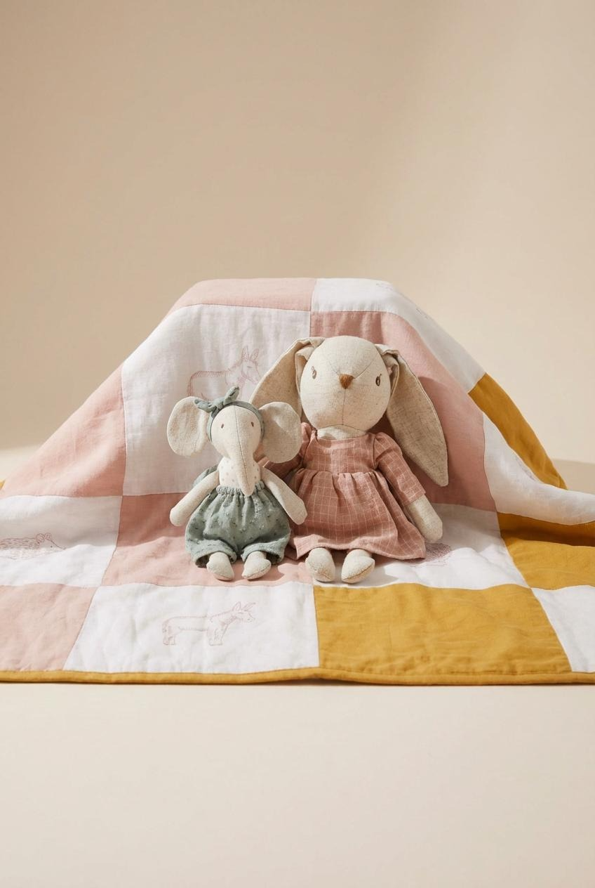 Farmyard Patchwork Baby Quilt - Pink / Yellow