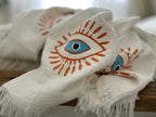 Long Cotton Robe: White with Orange & Blue Eye