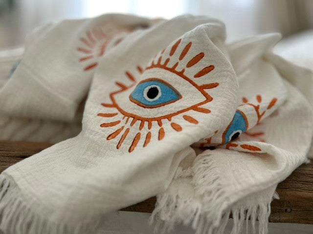 Long Cotton Robe: White with Orange & Blue Eye
