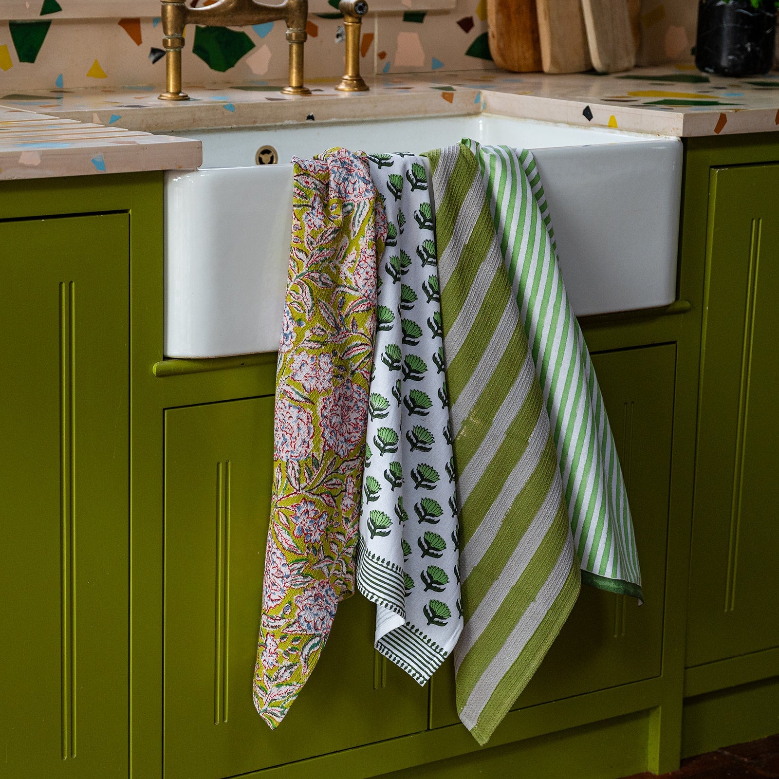 LOTUS FLOWER GREEN tea towel