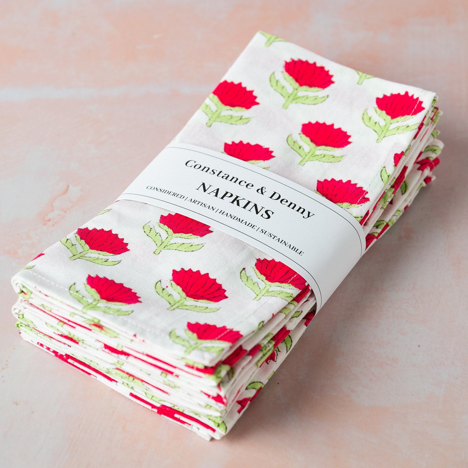 LOTUS FLOWER GREEN & RED set of 6 cotton napkins