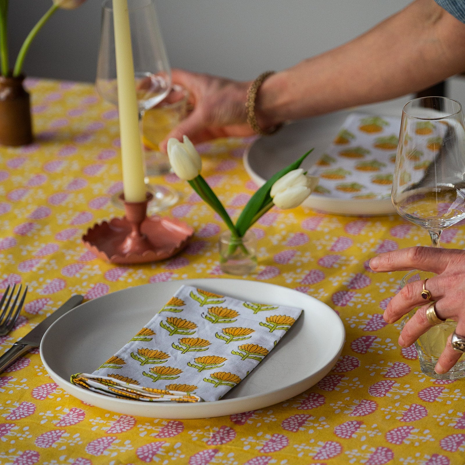 NEW FAN BUTTER YELLOW hand block printed tablecloth